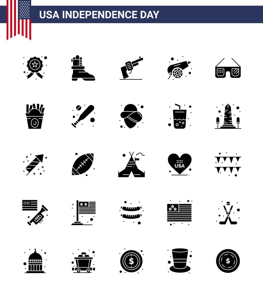 25 signos de glifo sólido para el día de la independencia de EE. UU. Gafas de sol americanas arma de mano canon editable elementos de diseño vectorial del día de EE. UU. vector