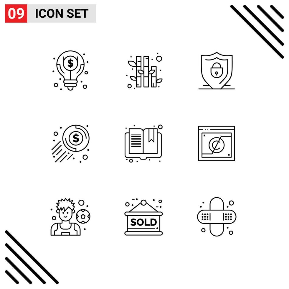 Universal Icon Symbols Group of 9 Modern Outlines of page book shield coin dollar Editable Vector Design Elements