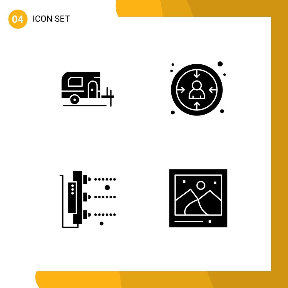 Pack of 4 Modern Solid Glyphs Signs and Symbols for Web Print Media such as car machine centricity user camera Editable Vector Design Elements