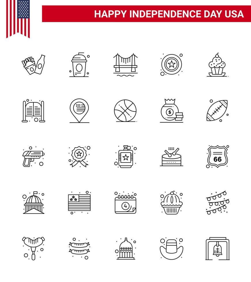 Happy Independence Day 25 Lines Icon Pack for Web and Print dessert sign bridge star men Editable USA Day Vector Design Elements