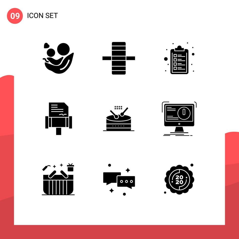 Group of 9 Modern Solid Glyphs Set for parade instrument check list drum law Editable Vector Design Elements