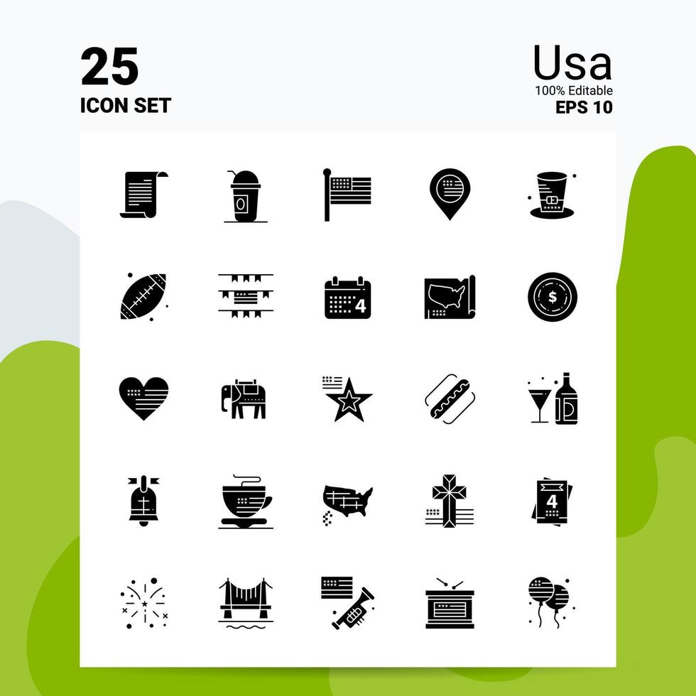 25 Usa Icon Set 100 Editable EPS 10 Files Business Logo Concept Ideas Solid Glyph icon design vector