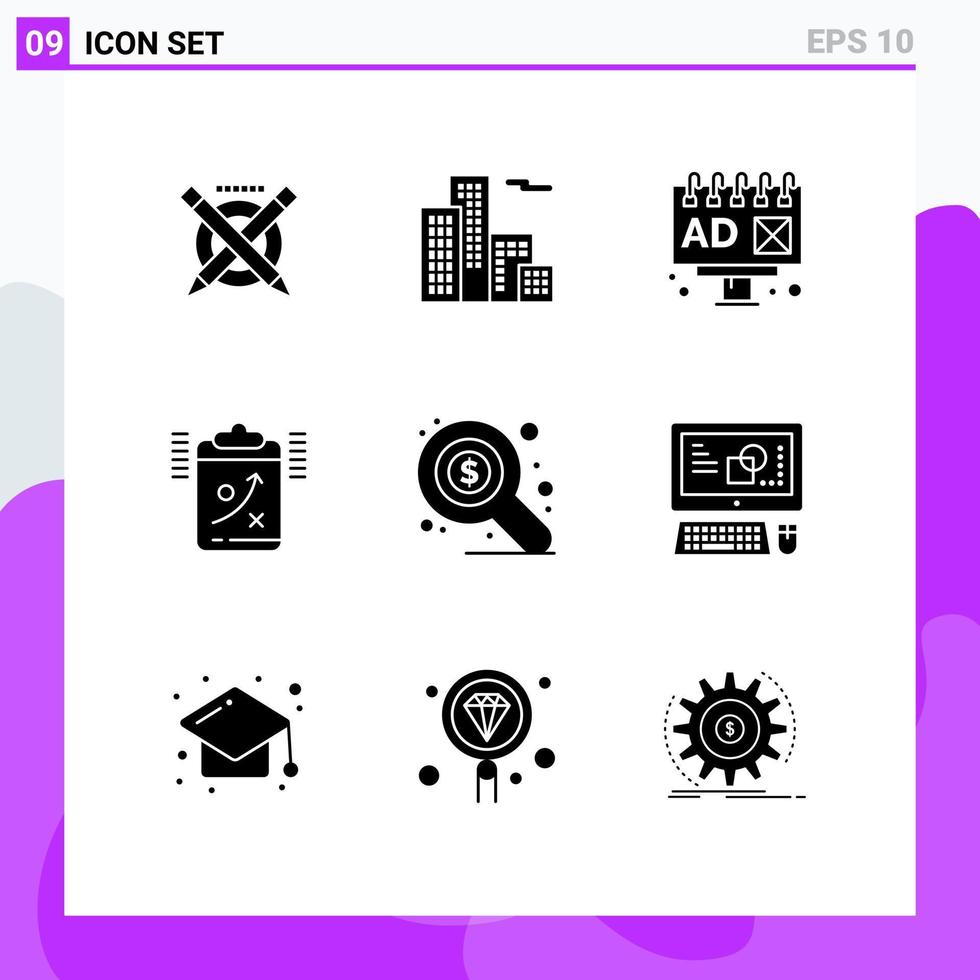 Group of 9 Modern Solid Glyphs Set for seo market advertising management strategy Editable Vector Design Elements