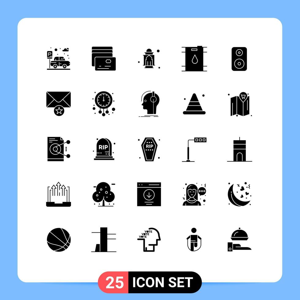 User Interface Pack of 25 Basic Solid Glyphs of mail woofer islam speaker gasoline Editable Vector Design Elements