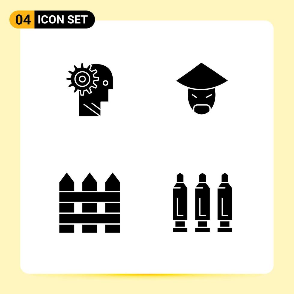 Set of 4 Vector Solid Glyphs on Grid for solution monk man working barricade Editable Vector Design Elements