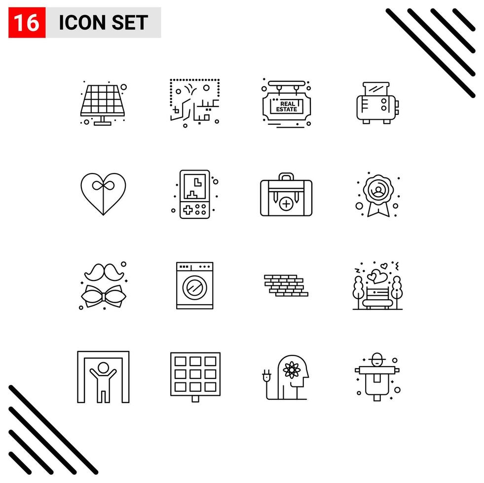 16 Universal Outlines Set for Web and Mobile Applications ribbon heart board toaster toast Editable Vector Design Elements