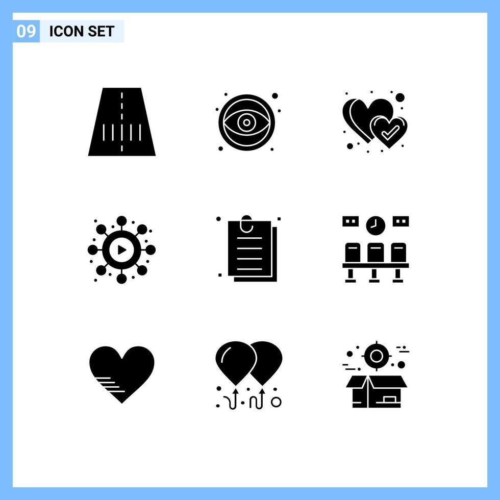 Pack of 9 Modern Solid Glyphs Signs and Symbols for Web Print Media such as train paper heart document viral Editable Vector Design Elements