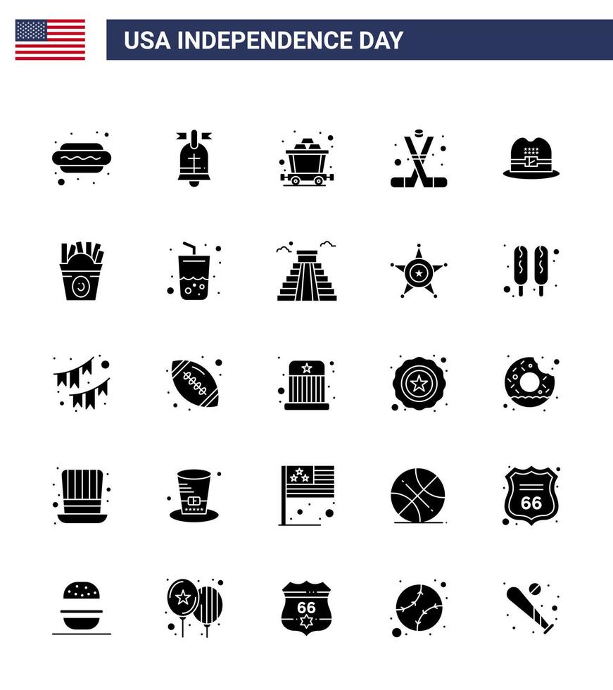 4th July USA Happy Independence Day Icon Symbols Group of 25 Modern Solid Glyph of cap america cart american ice hockey Editable USA Day Vector Design Elements