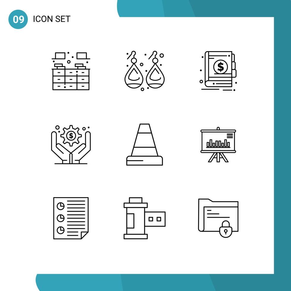 conjunto de pictogramas de 9 contornos simples de cono de tráfico operaciones comerciales bancarias administración comercial elementos de diseño vectorial editables vector