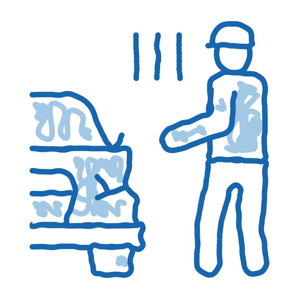 indignant driver of broken car bumper doodle icon hand drawn illustration vector