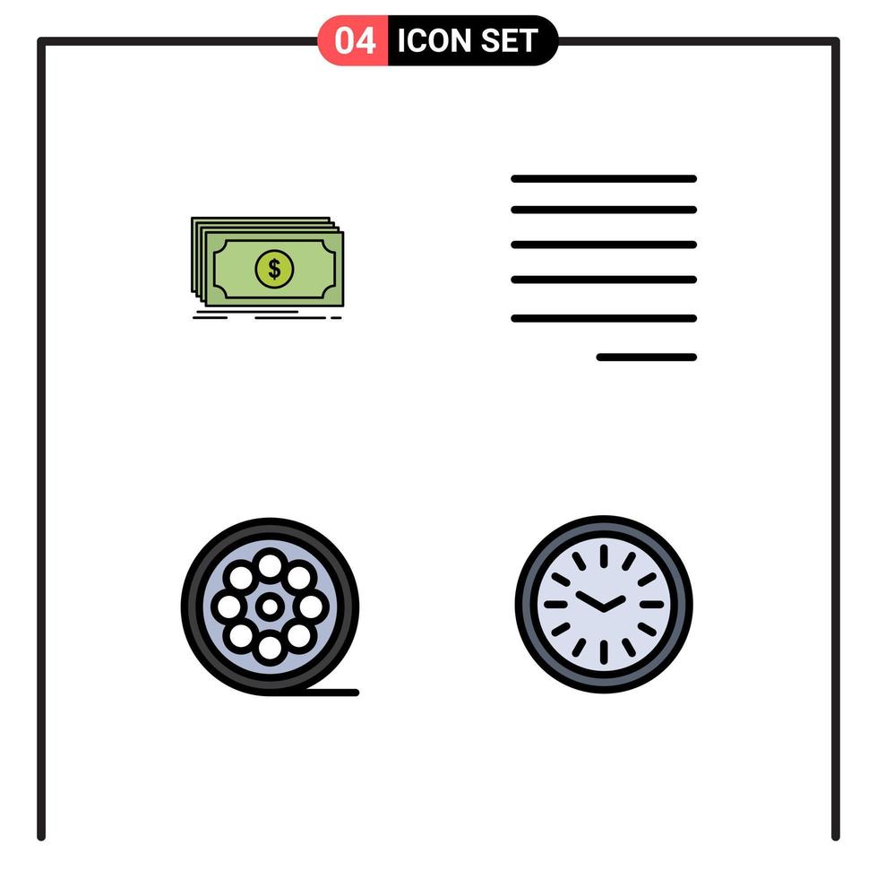 4 Universal Filledline Flat Color Signs Symbols of money movie dollar text clock Editable Vector Design Elements