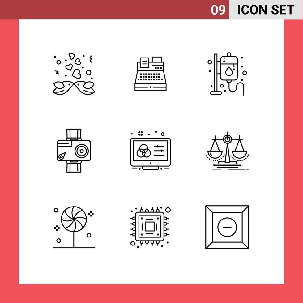 Pack of 9 Modern Outlines Signs and Symbols for Web Print Media such as creative video drip digital camera Editable Vector Design Elements