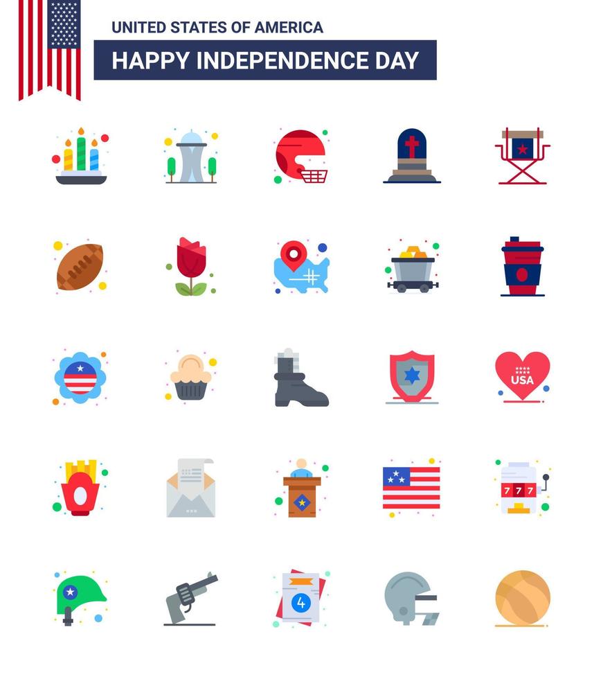 Happy Independence Day 4th July Set of 25 Flats American Pictograph of chair gravestone football grave united Editable USA Day Vector Design Elements