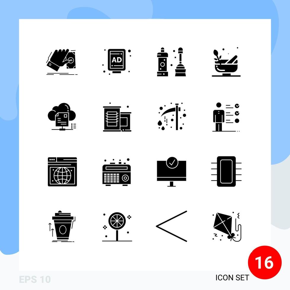 Mobile Interface Solid Glyph Set of 16 Pictograms of sharing spa bathroom bowl grinding Editable Vector Design Elements