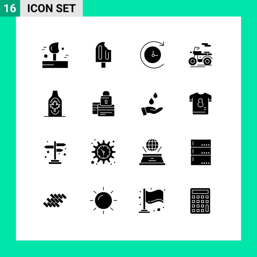User Interface Pack of 16 Basic Solid Glyphs of leaf autumn ice cream bottle scooter Editable Vector Design Elements