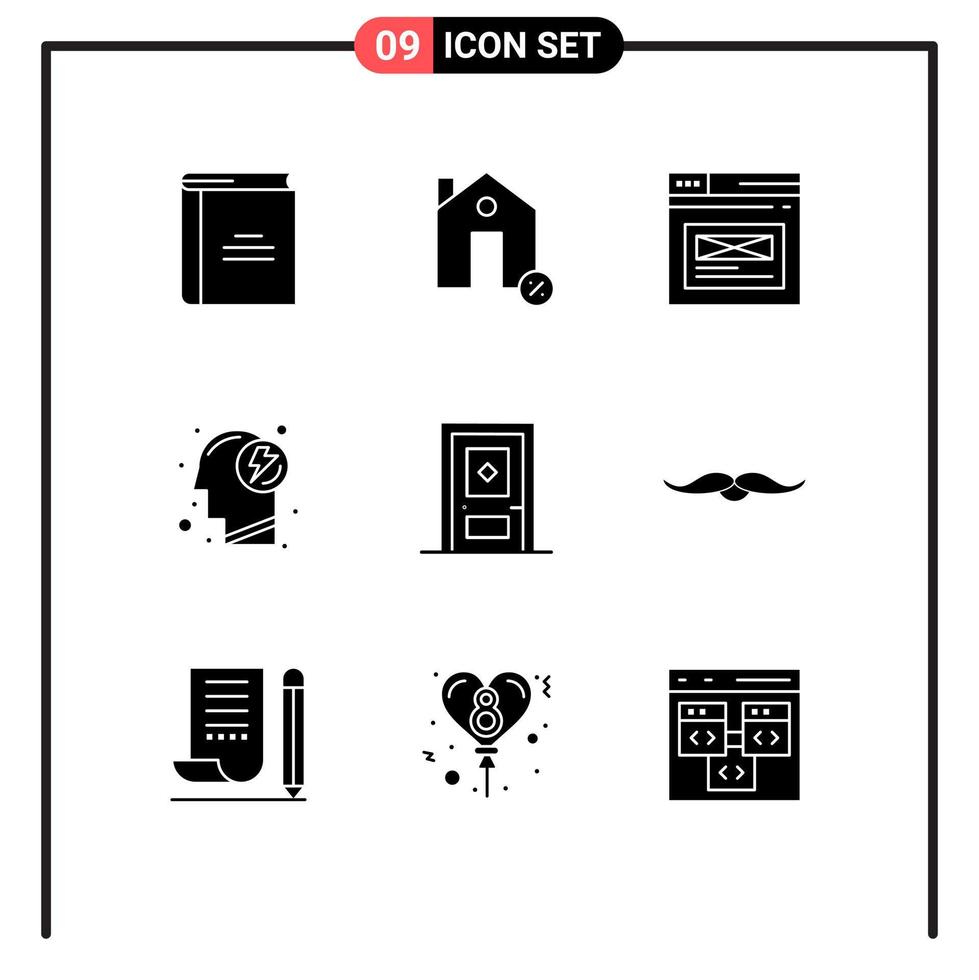 Mobile Interface Solid Glyph Set of 9 Pictograms of mind energy house design web Editable Vector Design Elements