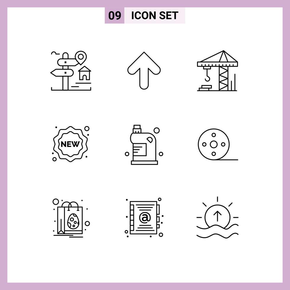 Mobile Interface Outline Set of 9 Pictograms of cleaning shopping upload new badge Editable Vector Design Elements