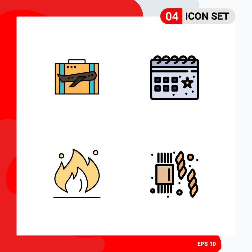 Group of 4 Modern Filledline Flat Colors Set for travel celebration case suitcase party Editable Vector Design Elements