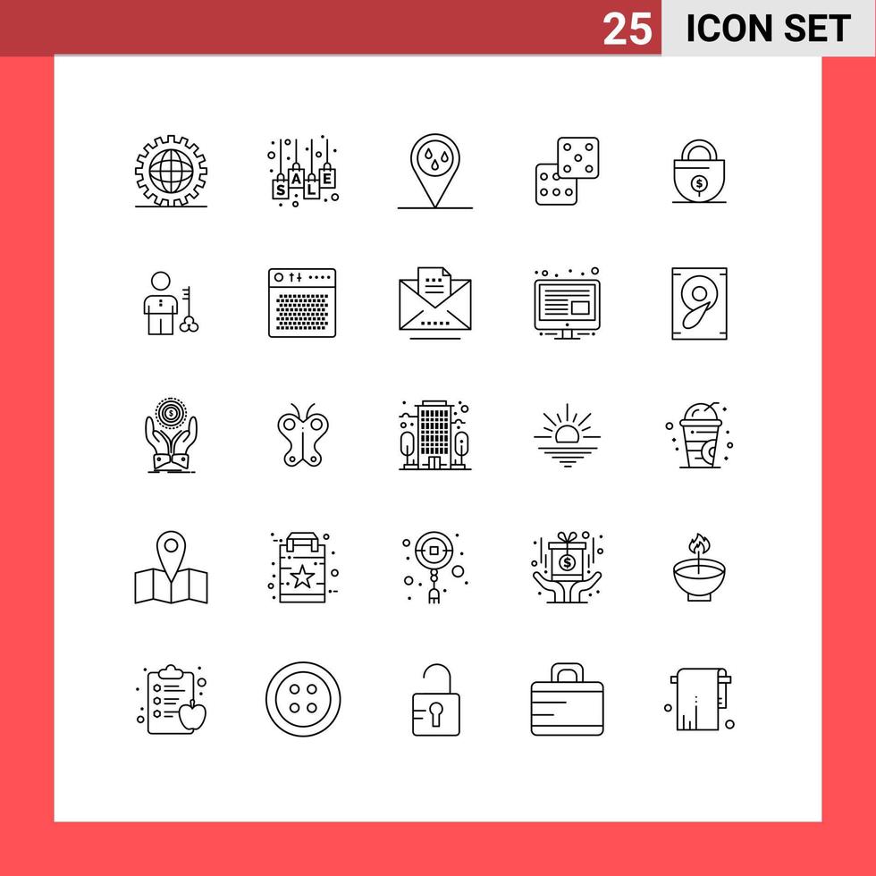 conjunto de línea de interfaz móvil de 25 pictogramas de inversión, juego, venta, etiqueta, dados, clima, editable, vector, diseño, elementos vector