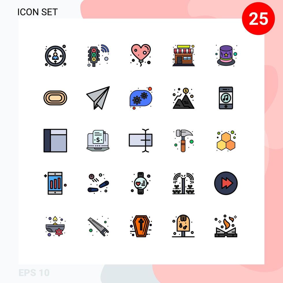 25 Universal Filled line Flat Colors Set for Web and Mobile Applications athlete costume balloon carnival shop Editable Vector Design Elements