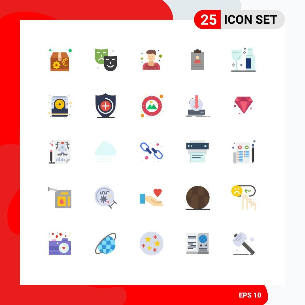 25 Universal Flat Color Signs Symbols of party alcohol man cv clipboard Editable Vector Design Elements