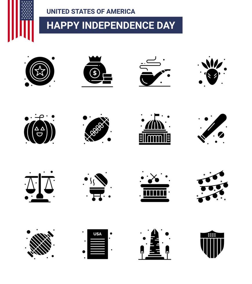 Big Pack of 16 USA Happy Independence Day USA Vector Solid Glyphs and Editable Symbols of ball pumpkin pipe food native american Editable USA Day Vector Design Elements