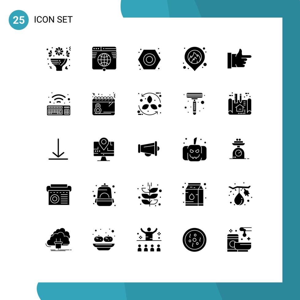 Mobile Interface Solid Glyph Set of 25 Pictograms of like location network fire plumber Editable Vector Design Elements
