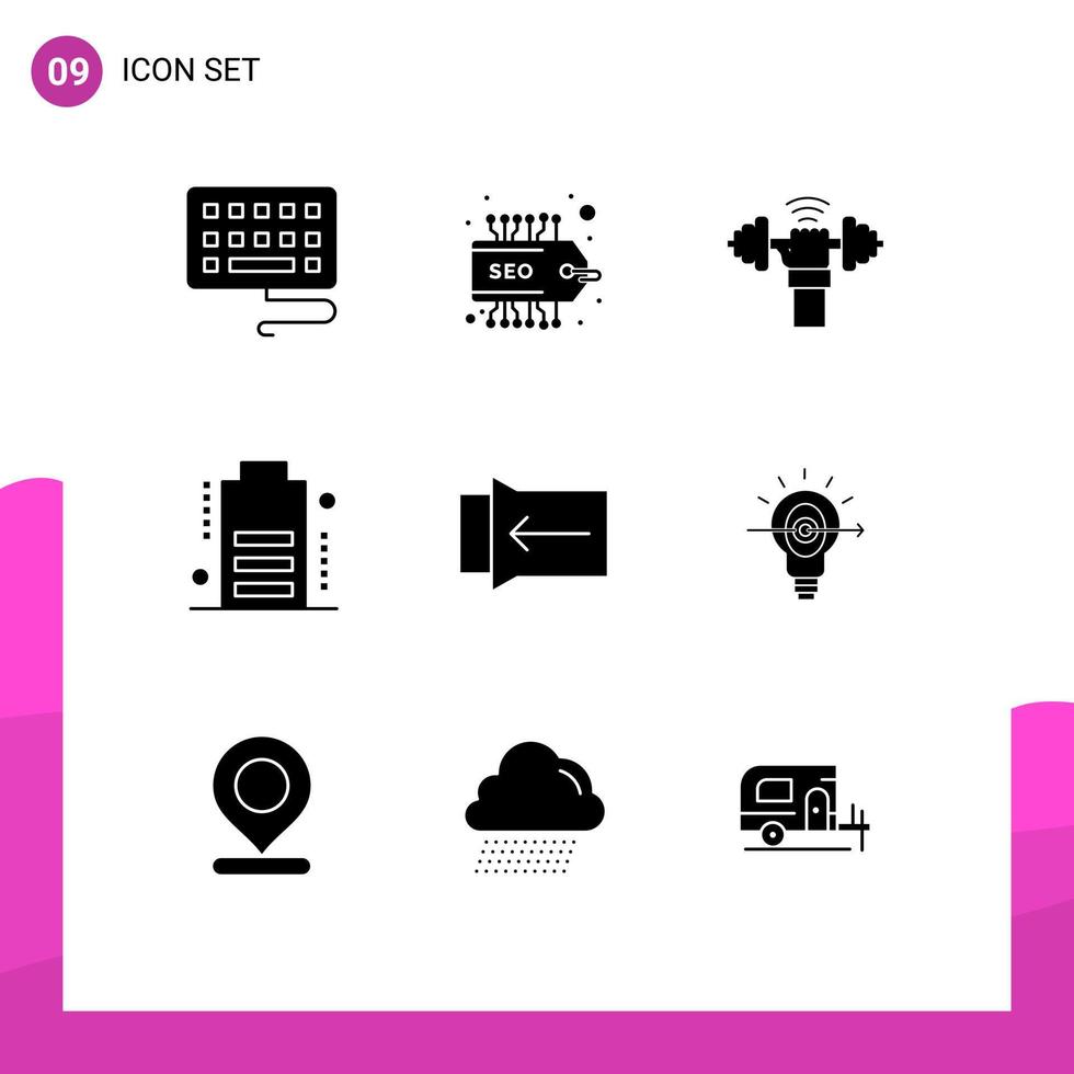 conjunto de pictogramas de 9 glifos sólidos simples de dispositivos de diapositivas de potencia táctil de éxito elementos de diseño vectorial editables vector