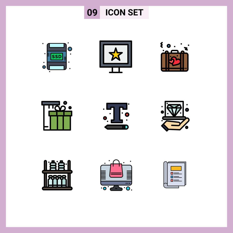 Mobile Interface Filledline Flat Color Set of 9 Pictograms of interface shopping love eid box Editable Vector Design Elements