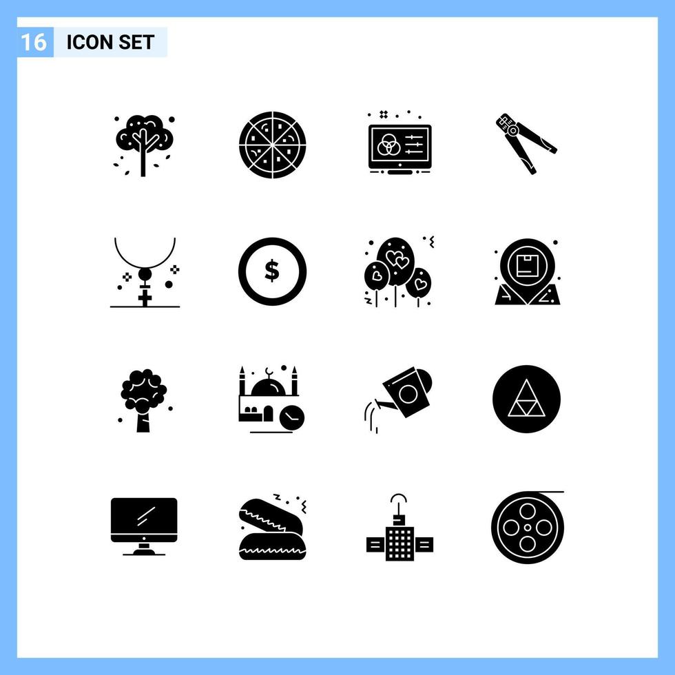 Set of 16 Vector Solid Glyphs on Grid for cross tool color scheme crimping building Editable Vector Design Elements