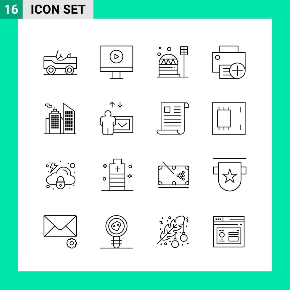 paquete de 16 iconos de estilo de línea establece símbolos de esquema para imprimir signos creativos aislados en fondo blanco vector