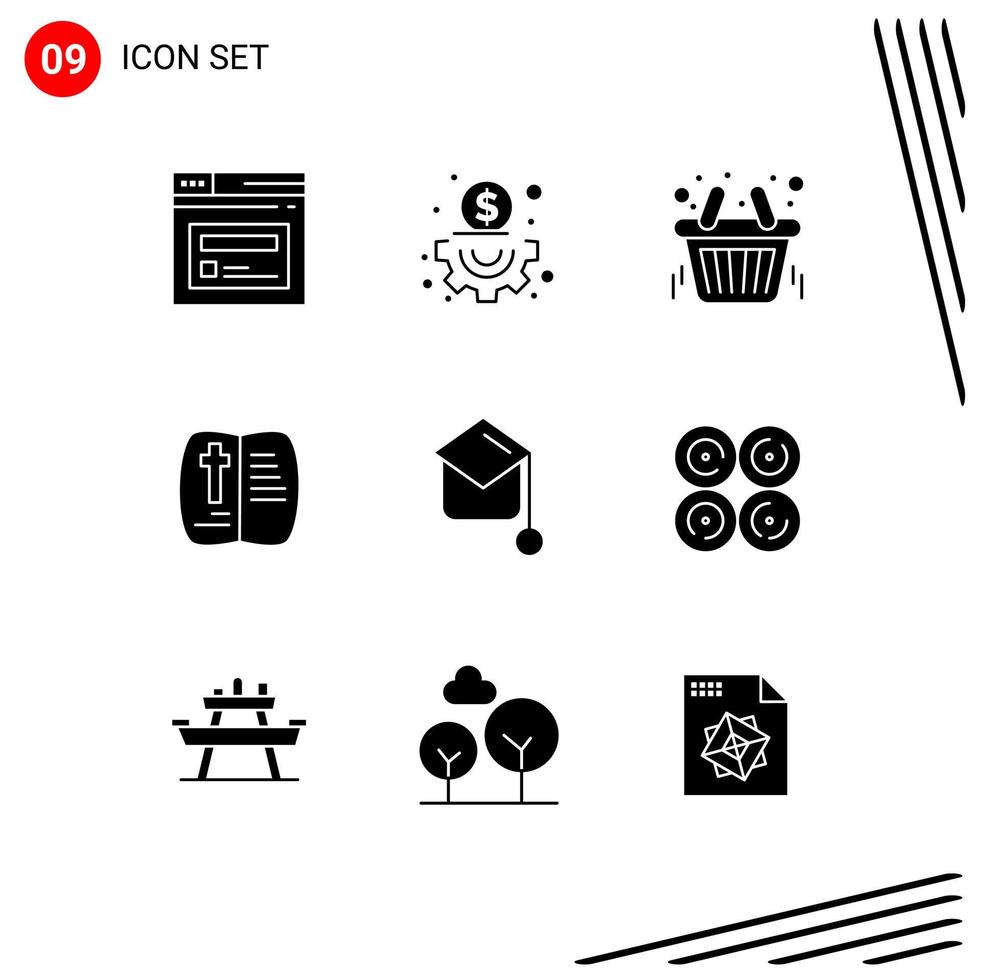 Pack of 9 creative Solid Glyphs of graduation hat education shopping nature open Editable Vector Design Elements