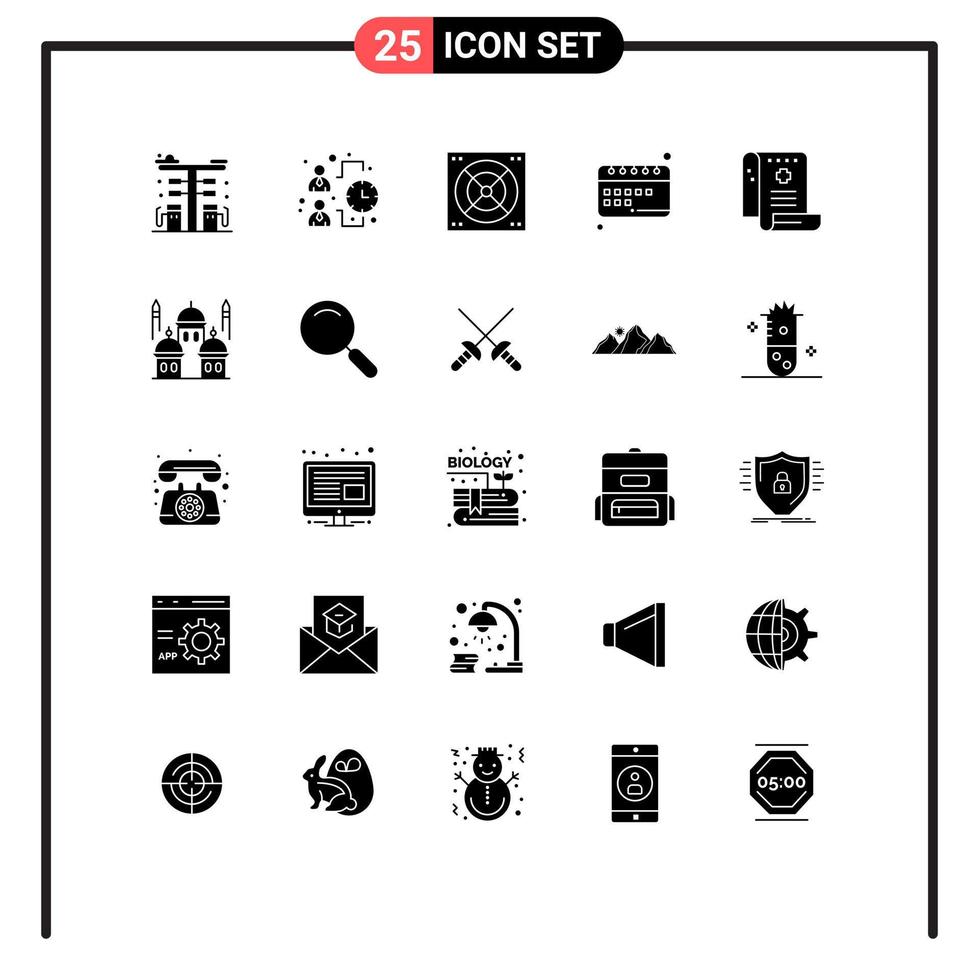 Set of 25 Commercial Solid Glyphs pack for health school work schedule education Editable Vector Design Elements