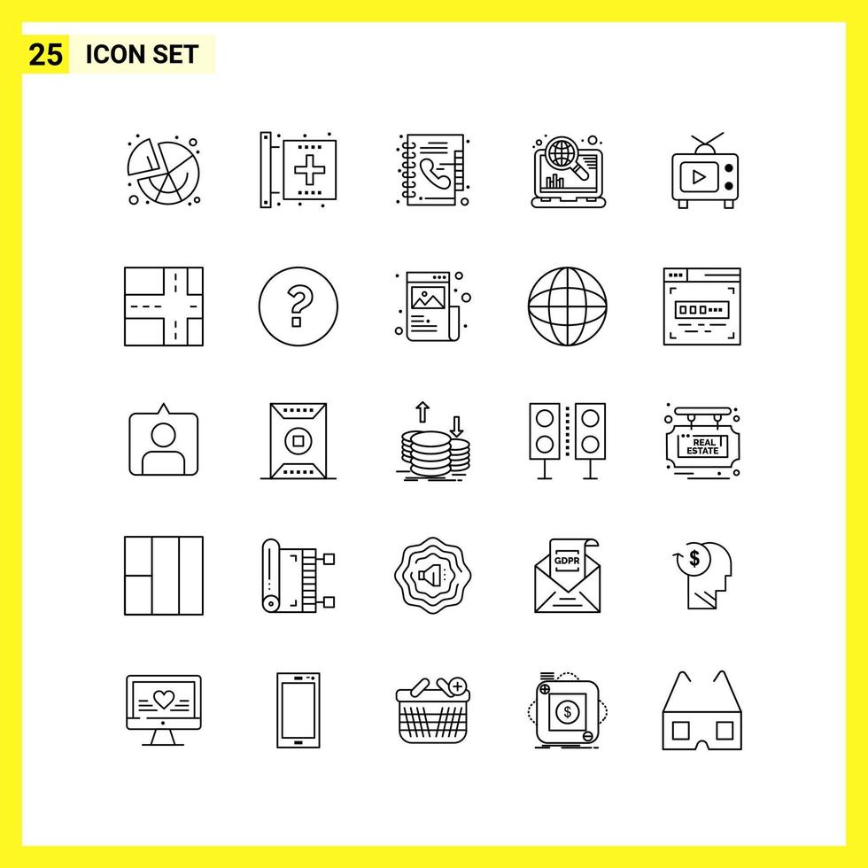 25 conjunto de iconos, símbolos de línea simple, signo de esquema en fondo blanco para el diseño de sitios web, aplicaciones móviles y medios impresos vector