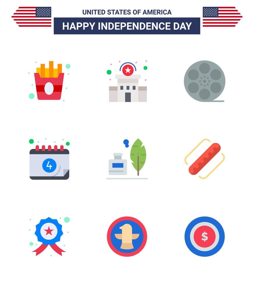 9 Flat Signs for USA Independence Day ink bottle adobe play day calendar Editable USA Day Vector Design Elements