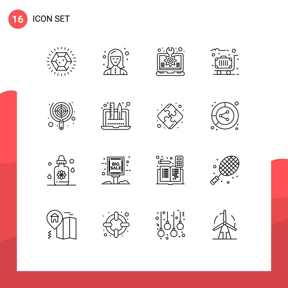 Group of 16 Outlines Signs and Symbols for case suitcase technologist luggage setting Editable Vector Design Elements