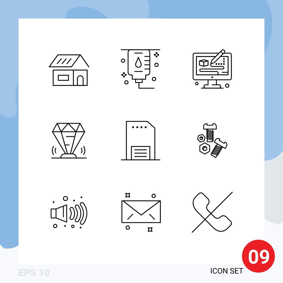 Editable Vector Line Pack of 9 Simple Outlines of contact jewel process ruby value Editable Vector Design Elements