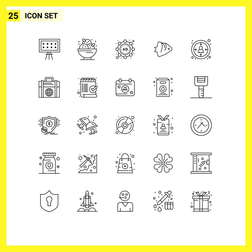 Pack of 25 Modern Lines Signs and Symbols for Web Print Media such as centricity schooling sweet ocean fish Editable Vector Design Elements