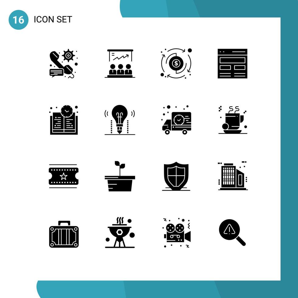 Universal Icon Symbols Group of 16 Modern Solid Glyphs of interface header team communication processing Editable Vector Design Elements