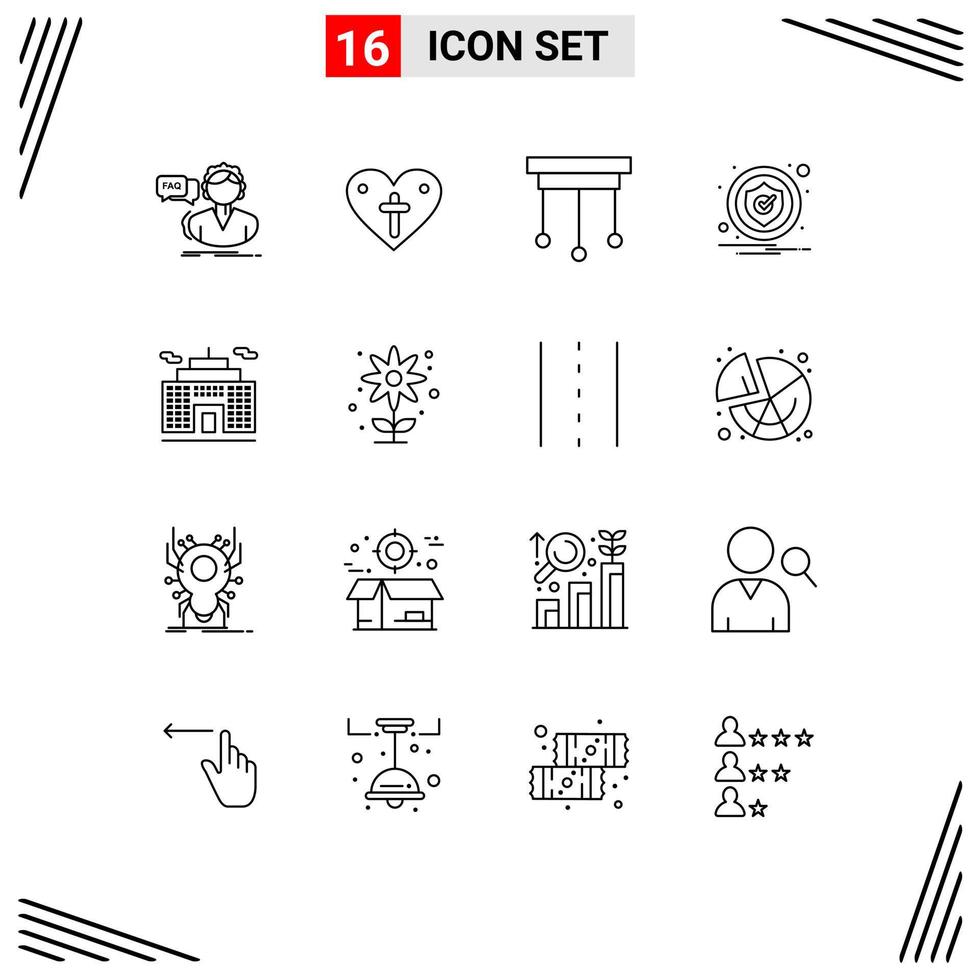 Set of 16 Vector Outlines on Grid for building notification loves caution interior Editable Vector Design Elements
