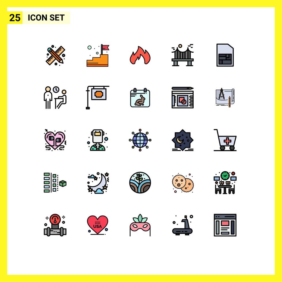 grupo de símbolos de iconos universales de 25 colores planos modernos de líneas llenas de elementos de diseño de vectores editables de chispa de puente de escaleras de metal de carretera