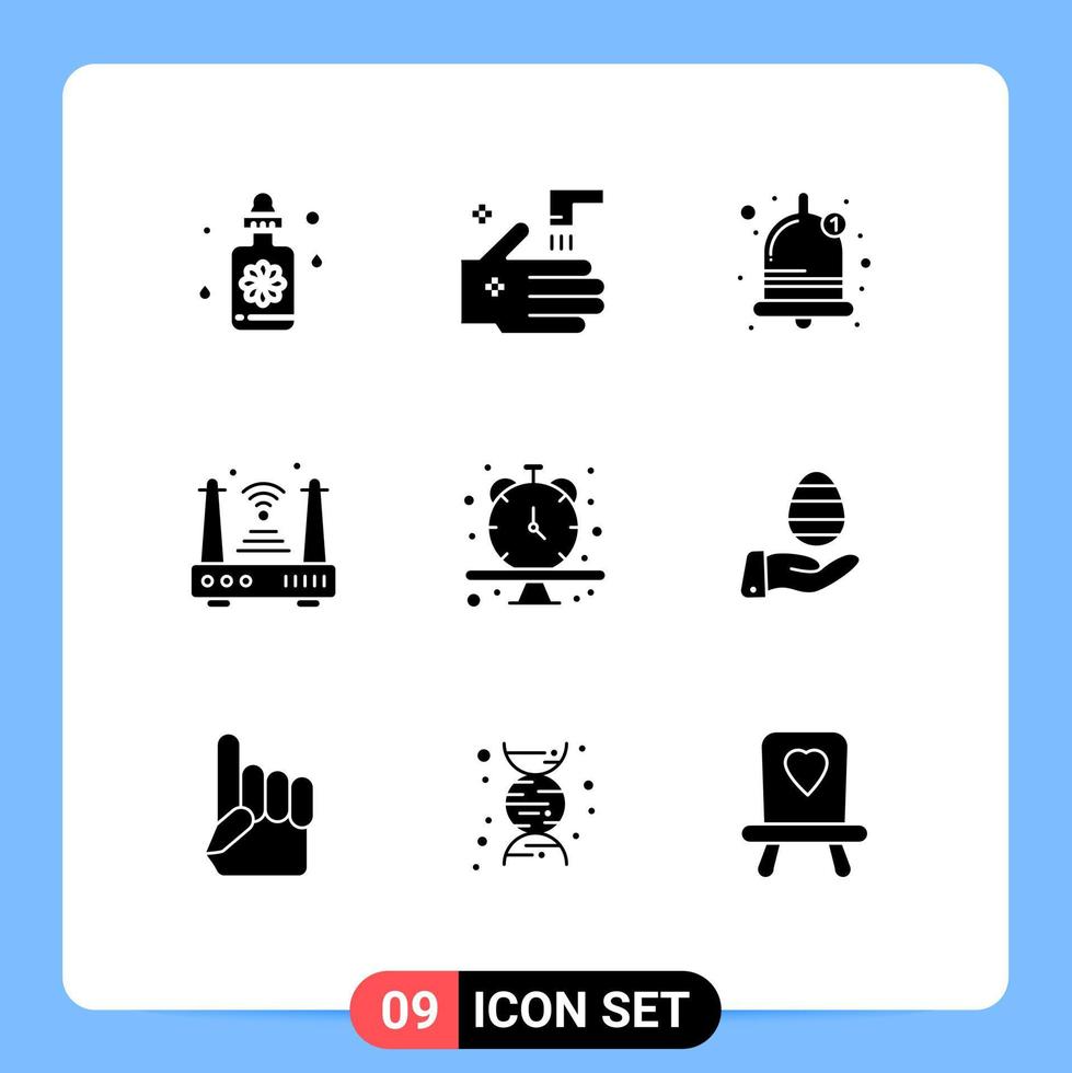 Group of 9 Solid Glyphs Signs and Symbols for wristwatch clock bell wifi router Editable Vector Design Elements