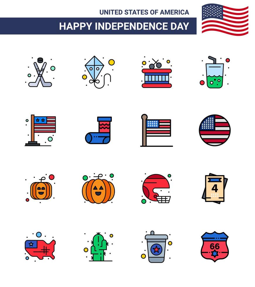 Happy Independence Day USA Pack of 16 Creative Flat Filled Lines of usa flag instrument country summer Editable USA Day Vector Design Elements