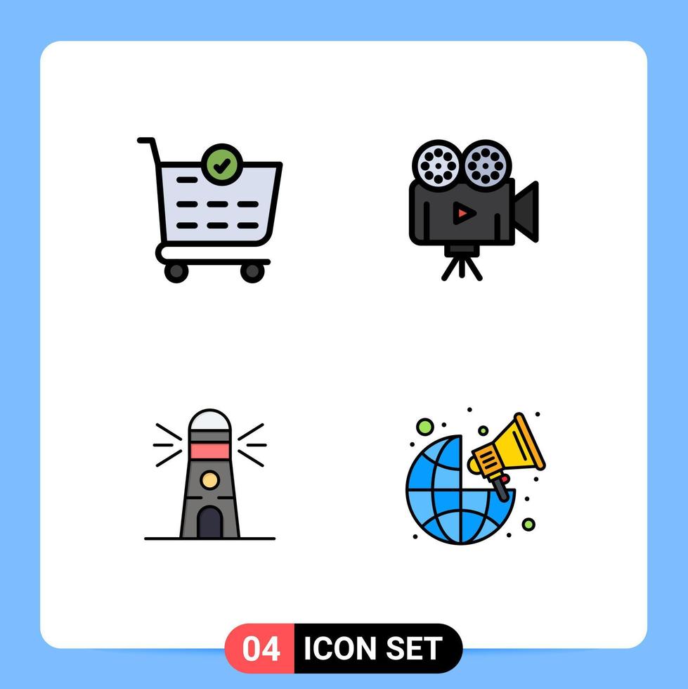4 User Interface Filledline Flat Color Pack of modern Signs and Symbols of buy navigation camera video broadcast Editable Vector Design Elements
