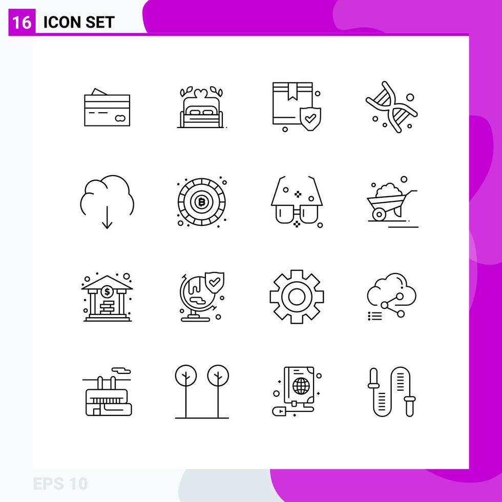 Pictogram Set of 16 Simple Outlines of dna box bed security insurance Editable Vector Design Elements