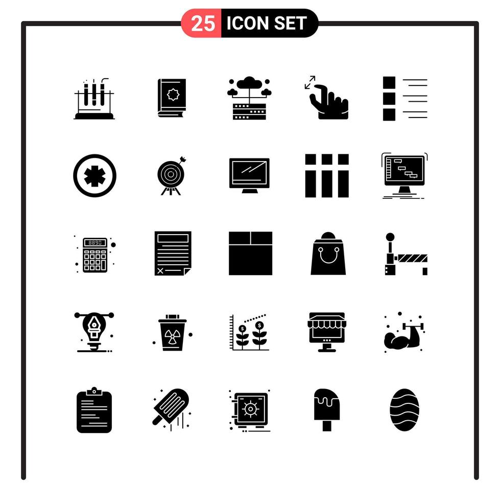 conjunto de 25 iconos de estilo sólido para web y símbolos de glifos móviles para imprimir signos de iconos sólidos aislados en fondo blanco vector