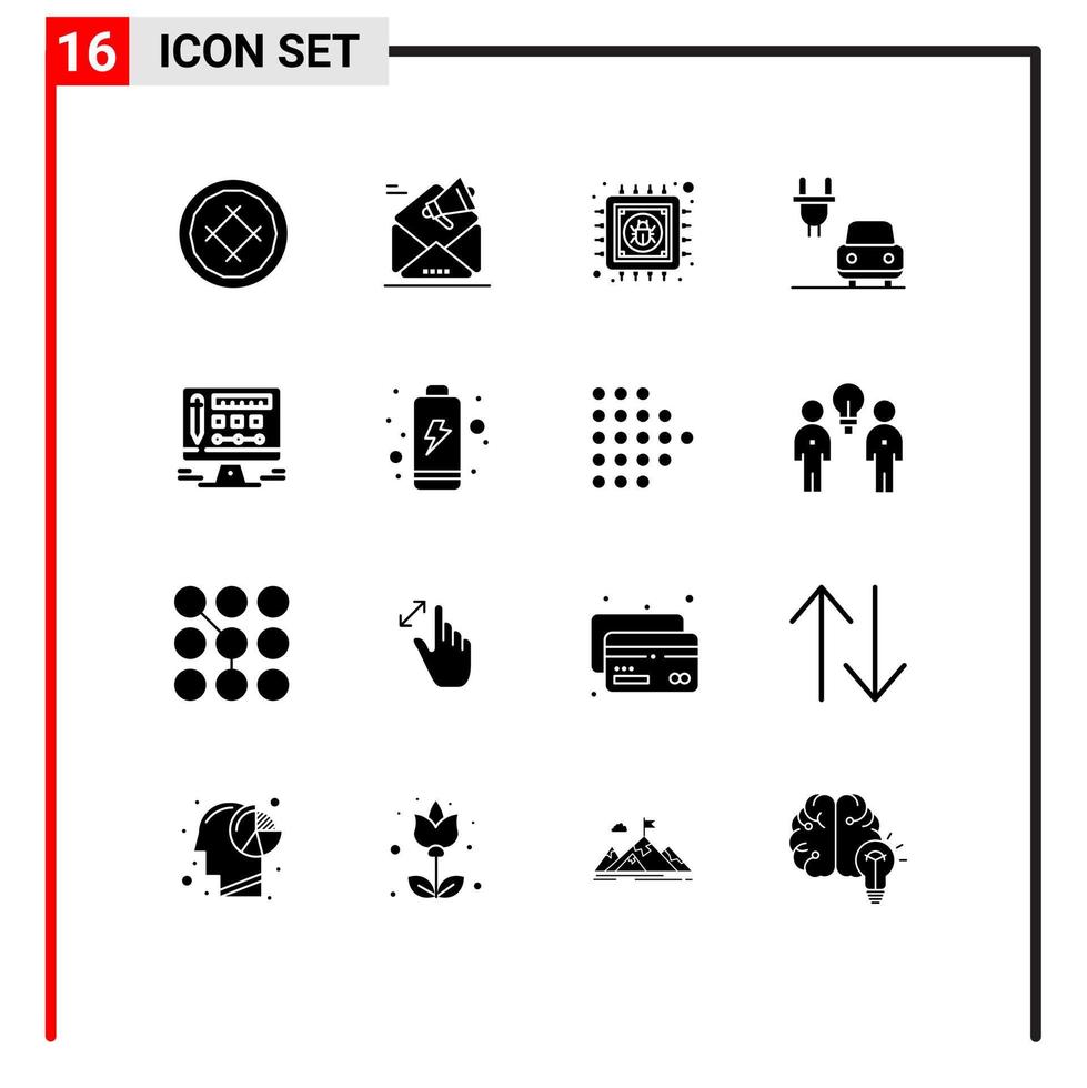 Mobile Interface Solid Glyph Set of 16 Pictograms of monitor charge marketing car data Editable Vector Design Elements