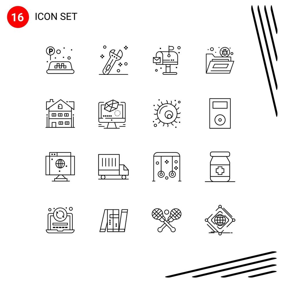 Group of 16 Modern Outlines Set for building house life virus folder Editable Vector Design Elements