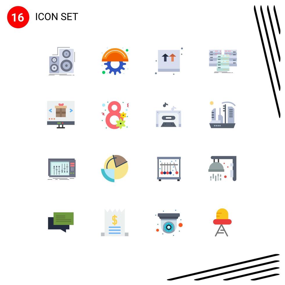16 User Interface Flat Color Pack of modern Signs and Symbols of server data gear centre shopping Editable Pack of Creative Vector Design Elements