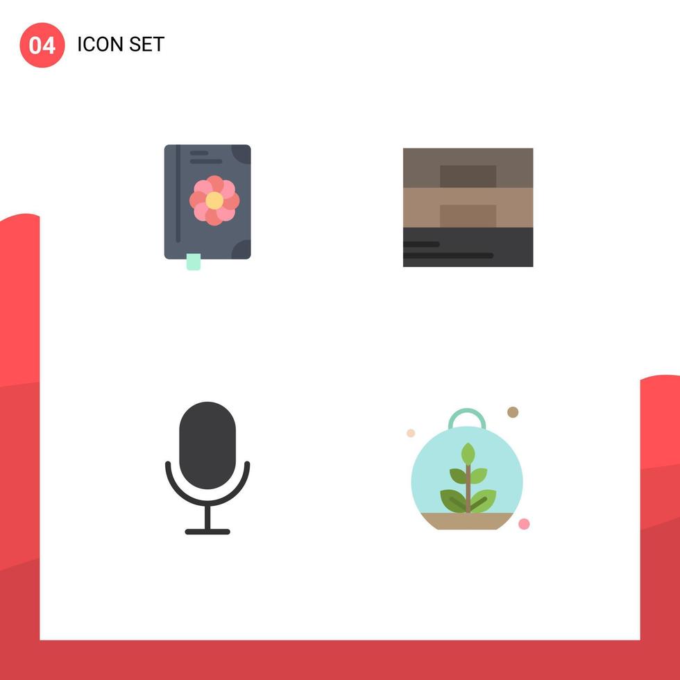 Group of 4 Flat Icons Signs and Symbols for book microphone spring man growing Editable Vector Design Elements